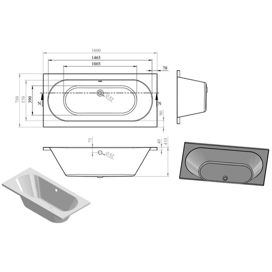 Ruby Oakley Round Double End 1600x750x550mm 0TH Bath w/Legs - RUBY105642 - Bathroom Shack