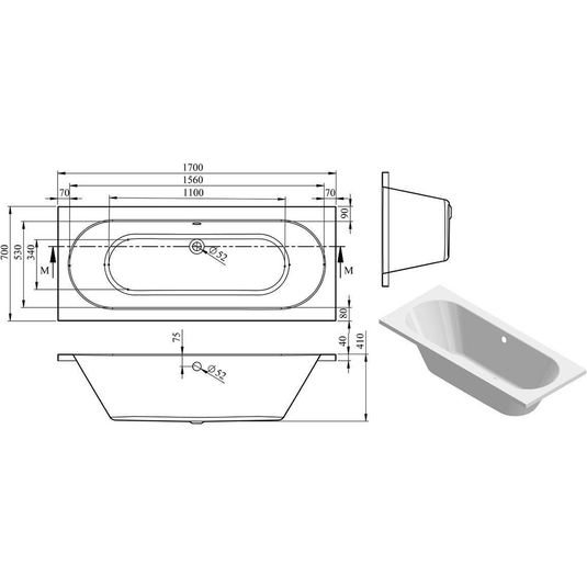 Ruby Oakley Round Double End 1700x700x550mm 0TH Bath w/Legs - RUBY105643 - Bathroom Shack