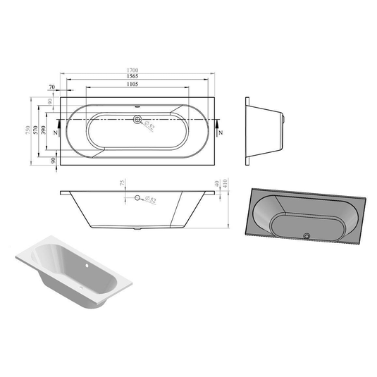 Ruby Oakley Round Double End 1700x750x550mm 0TH Bath w/Legs - RUBY105644 - Bathroom Shack