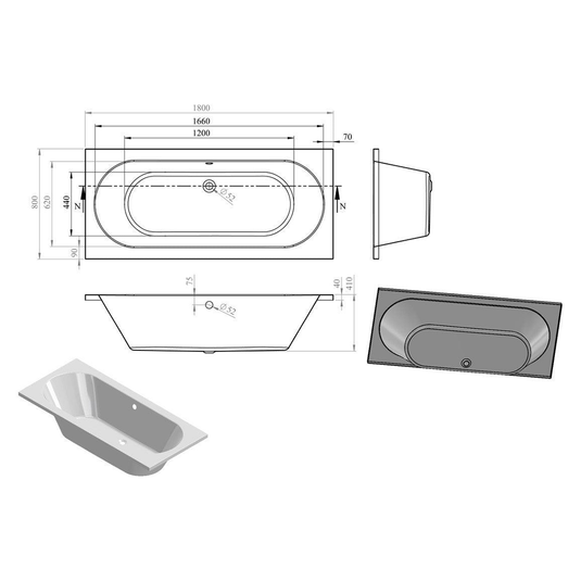 Ruby Oakley Round Double End 1800x800x550mm 0TH Bath w/Legs - RUBY105645 - Bathroom Shack