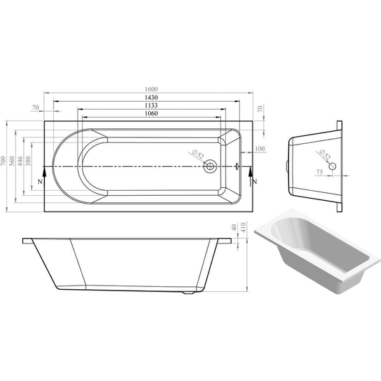 Ruby Oakley Round Single End 1600x700x550mm 0TH Bath w/Legs - RUBY105629 - Bathroom Shack