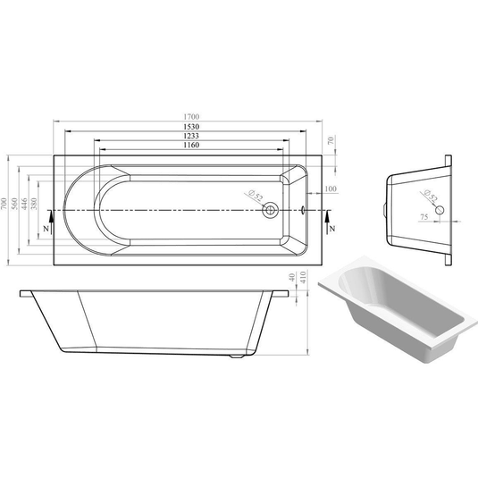 Ruby Oakley Round Single End 1700x700x550mm 0TH Bath w/Legs - RUBY105630 - Bathroom Shack