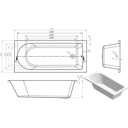 Ruby Oakley Round Single End 1700x750x550mm 0TH Bath w/Legs - RUBY105631 - Bathroom Shack