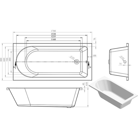 Ruby Oakley Round Single End 1700x800x550mm 0TH Bath w/Legs - RUBY105632 - Bathroom Shack