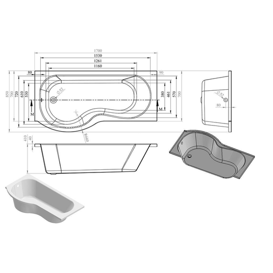 Ruby P-Shape 1700x700-850x410mm 0TH Shower Bath Panel & Screen (LH) - RUBY2956 - Bathroom Shack