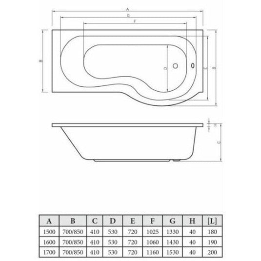 Ruby P-Shape 1700x700-850x410mm 0TH Shower Bath Panel & Screen (LH) - RUBY2956 - Bathroom Shack