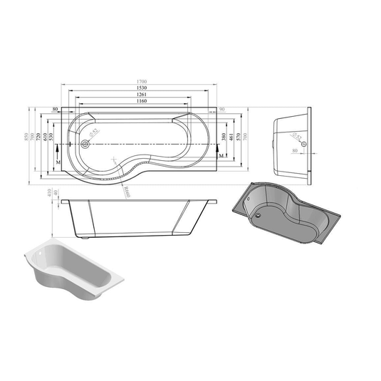 Ruby P-Shape Single End 1700x700-850x410mm 0TH Bath Only (LH) - RUBY103895 - Bathroom Shack