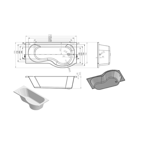 Ruby P-Shape Single End 1700x700-850x410mm 0TH Bath Only (RH) - RUBY103896 - Bathroom Shack