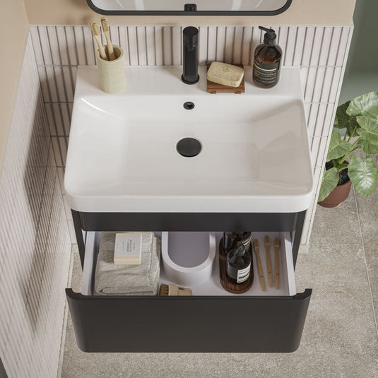 Ruby Penny 805mm Wall Hung 1 Drawer Basin Unit & Basin - Matt Black - RUBY108935 - Bathroom Shack