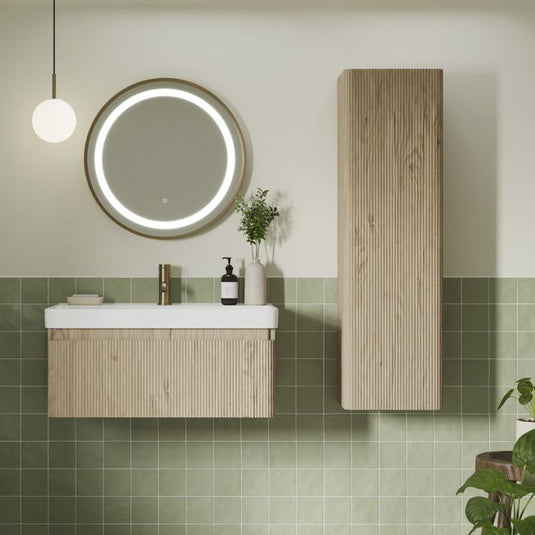 Ruby Princess 350mm Wall Hung 1 Door Tall Unit - Textured Oak - RUBY108920 - Bathroom Shack