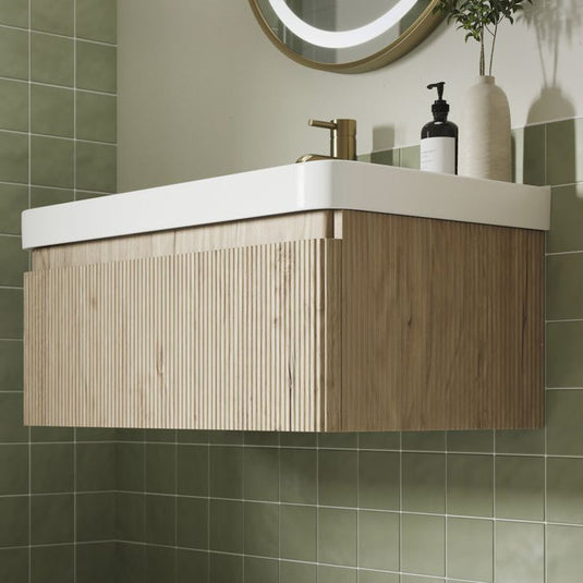 Ruby Princess 605mm Wall Hung 1 Drawer Basin Unit & Basin - Textured Oak - RUBY108922 - Bathroom Shack