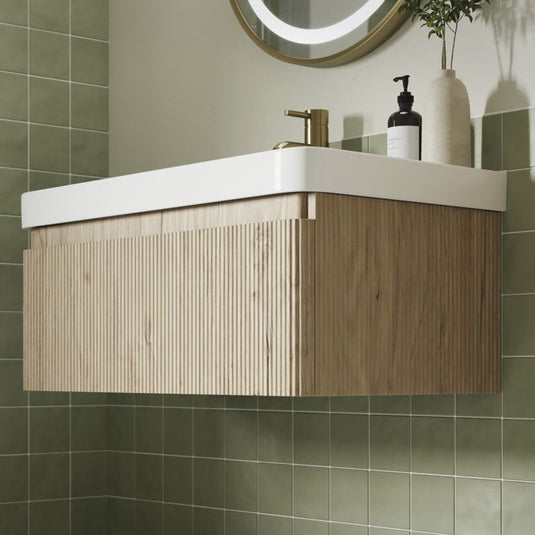 Ruby Princess 805mm Wall Hung 1 Drawer Basin Unit & Basin - Textured Oak - RUBY108923 - Bathroom Shack