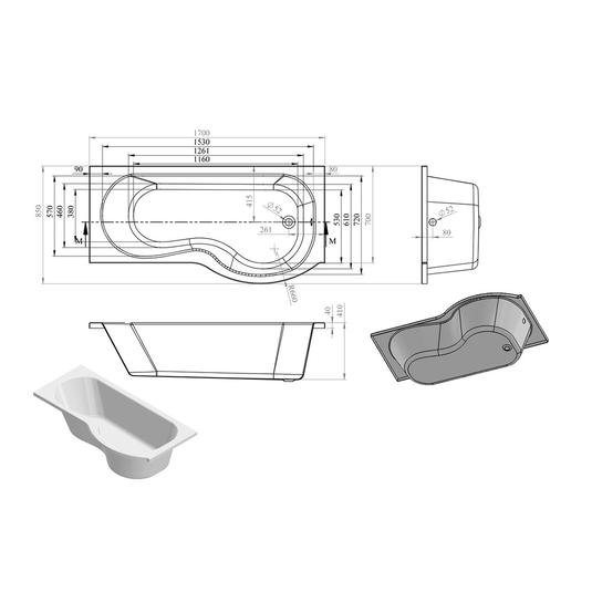 Ruby Remi P Shape 1700x850x560mm 0TH Shower Bath Pack (RH) - RUBY105609 - Bathroom Shack