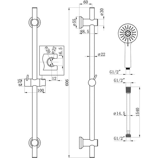 Ruby Round Premium Slider Rail Kit & 3 Mode Handset - Chrome - RUBY105852 - Bathroom Shack
