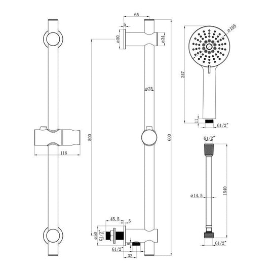 Ruby Round Premium Slider Rail Kit w/Elbow & 3 Mode Handset - Chrome - RUBY105853 - Bathroom Shack