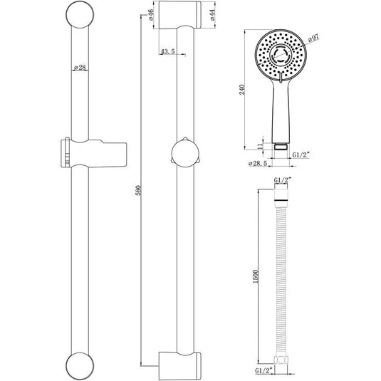 Ruby Round Slider Rail Kit & 3 Mode Handset - Chrome - RUBY105856 - Bathroom Shack