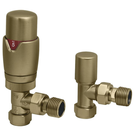 Ruby Round Thermostatic Brushed Brass Radiator Valves - Angled - RUBY108859 - Bathroom Shack