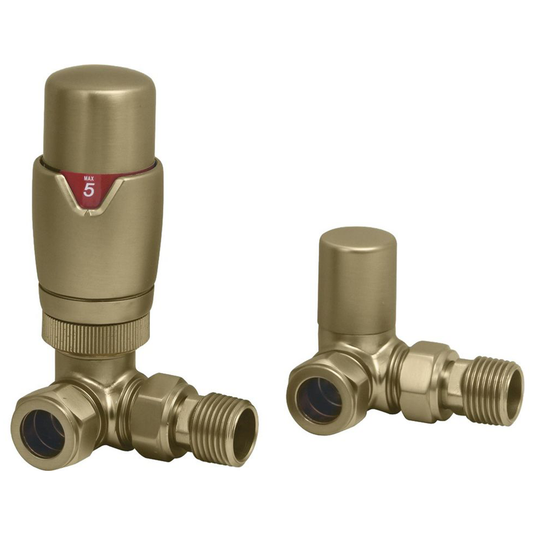 Ruby Round Thermostatic Brushed Brass Radiator Valves - Corner - RUBY108861 - Bathroom Shack