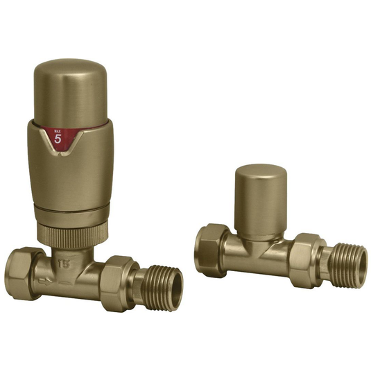 Ruby Round Thermostatic Brushed Brass Radiator Valves - Straight - RUBY108860 - Bathroom Shack