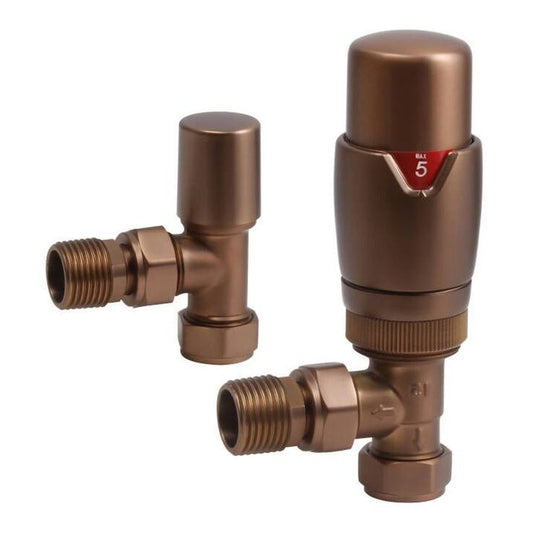 Ruby Round Thermostatic Brushed Bronze Radiator Valves - Angled - RUBY108863 - Bathroom Shack