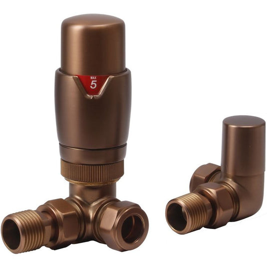 Ruby Round Thermostatic Brushed Bronze Radiator Valves - Corner - RUBY108865 - Bathroom Shack