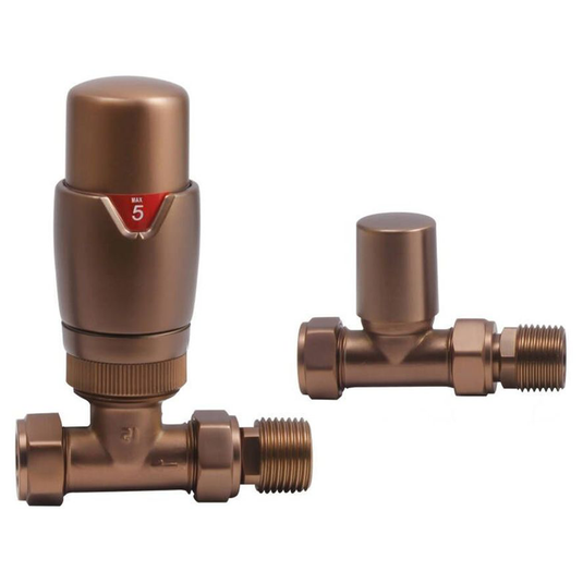Ruby Round Thermostatic Brushed Bronze Radiator Valves - Straight - RUBY108864 - Bathroom Shack