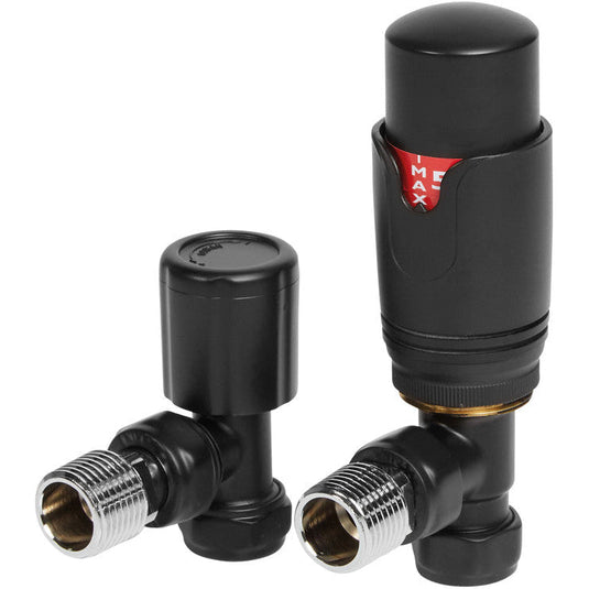 Ruby Round Thermostatic Matt Black Radiator Valves - Angled - RUBY104999 - Bathroom Shack