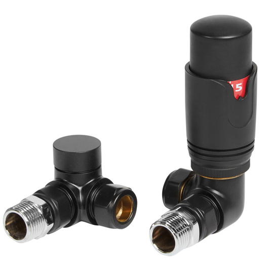 Ruby Round Thermostatic Matt Black Radiator Valves - Corner - RUBY105001 - Bathroom Shack