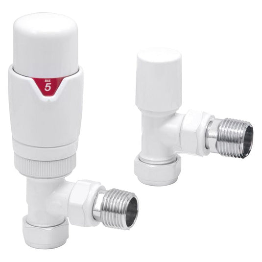 Ruby Round Thermostatic White Radiator Valves - Angled - RUBY105003 - Bathroom Shack
