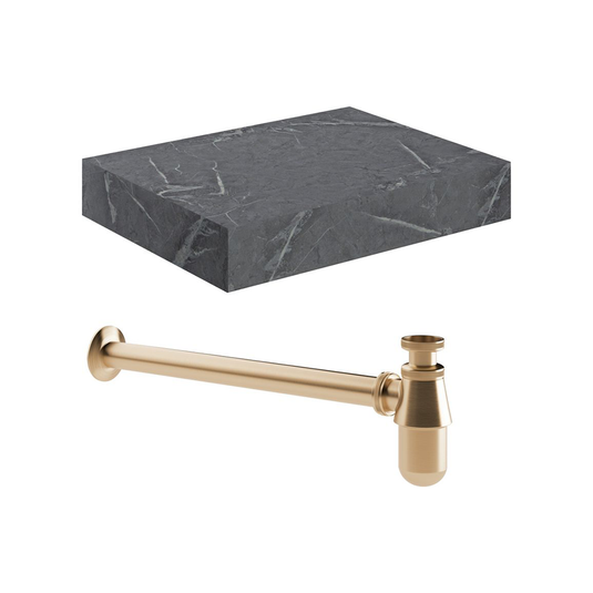 Ruby Smokey 600mm Wall Hung Grey Marble Basin Shelf & Brushed Bronze Bottle Trap - RUBY108908 - Bathroom Shack