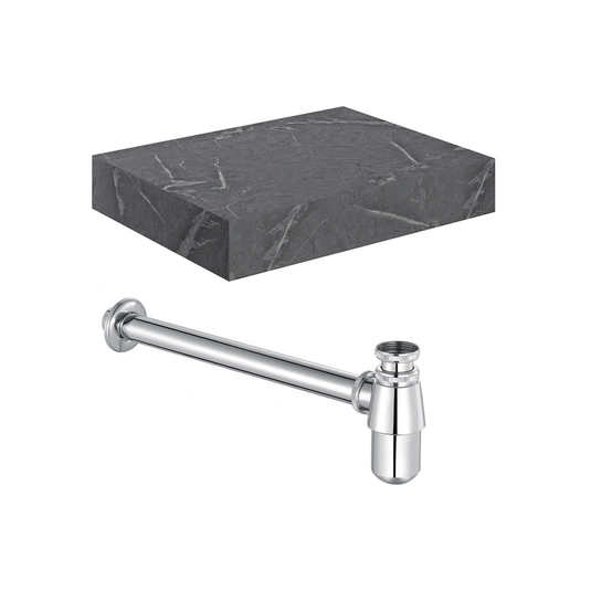 Ruby Smokey 600mm Wall Hung Grey Marble Basin Shelf & Chrome Bottle Trap - RUBY106943 - Bathroom Shack