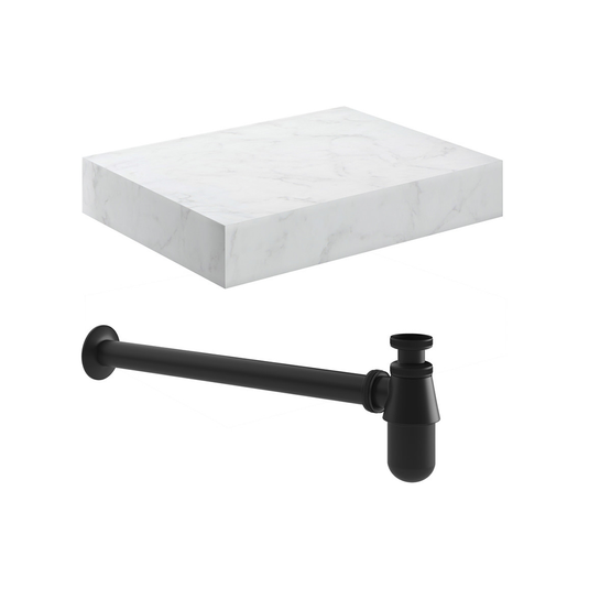 Ruby Smokey 600mm Wall Hung White Marble Basin Shelf & Black Bottle Trap - RUBY106958 - Bathroom Shack