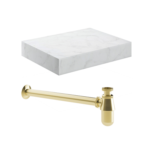 Ruby Smokey 600mm Wall Hung White Marble Basin Shelf & Brushed Brass Bottle Trap - RUBY106959 - Bathroom Shack