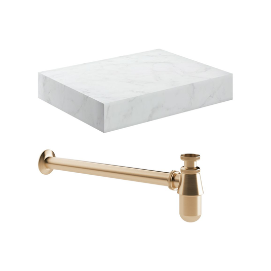 Ruby Smokey 600mm Wall Hung White Marble Basin Shelf & Brushed Bronze Bottle Trap - RUBY108910 - Bathroom Shack