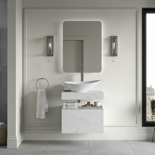 Ruby Smokey 600mm Wall Hung White Marble Basin Shelf & Brushed Bronze Bottle Trap - RUBY108910 - Bathroom Shack