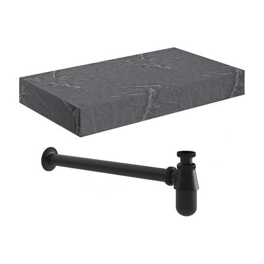 Ruby Smokey 800mm Wall Hung Grey Marble Basin Shelf & Black Bottle Trap - RUBY106948 - Bathroom Shack