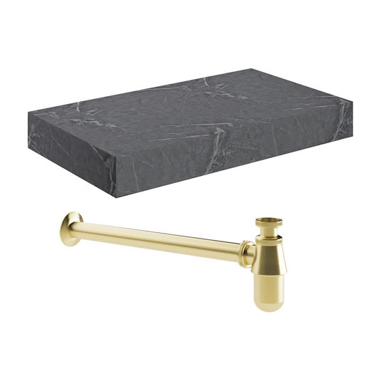 Ruby Smokey 800mm Wall Hung Grey Marble Basin Shelf & Brushed Brass Bottle Trap - RUBY106949 - Bathroom Shack