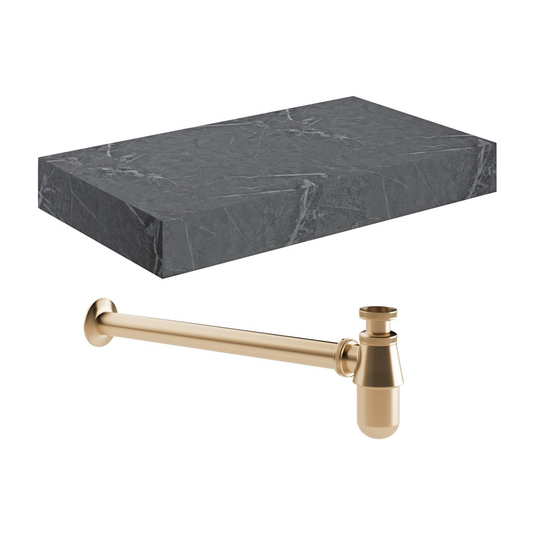 Ruby Smokey 800mm Wall Hung Grey Marble Basin Shelf & Brushed Bronze Bottle Trap - RUBY108909 - Bathroom Shack