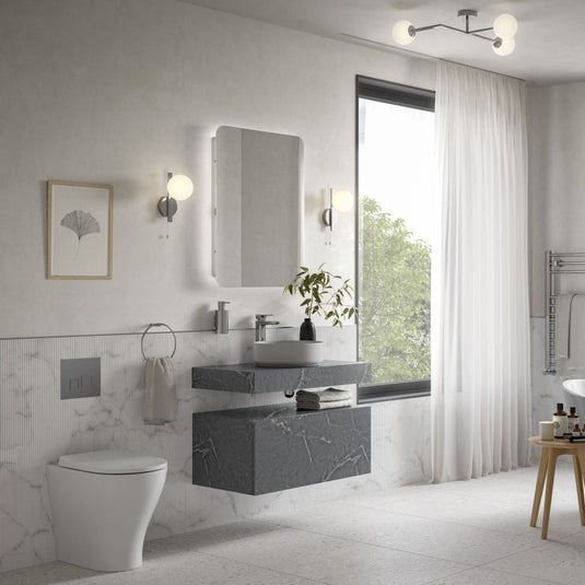 Ruby Smokey 800mm Wall Hung Grey Marble Basin Shelf & Brushed Bronze Bottle Trap - RUBY108909 - Bathroom Shack