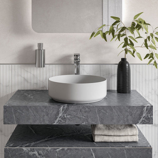 Ruby Smokey 800mm Wall Hung Grey Marble Basin Shelf & Brushed Bronze Bottle Trap - RUBY108909 - Bathroom Shack