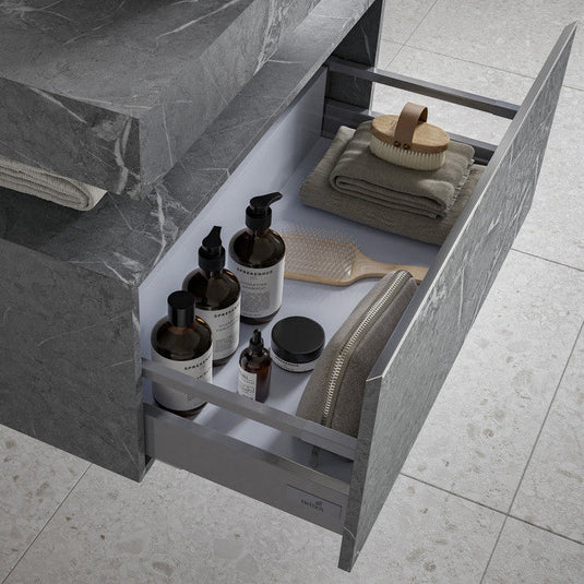 Ruby Smokey 800mm Wall Hung Grey Marble Basin Shelf & Chrome Bottle Trap - RUBY106947 - Bathroom Shack