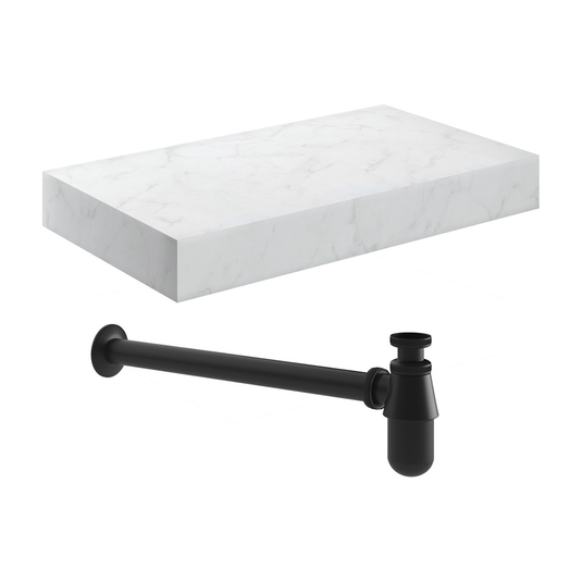 Ruby Smokey 800mm Wall Hung White Marble Basin Shelf & Black Bottle Trap - RUBY106962 - Bathroom Shack