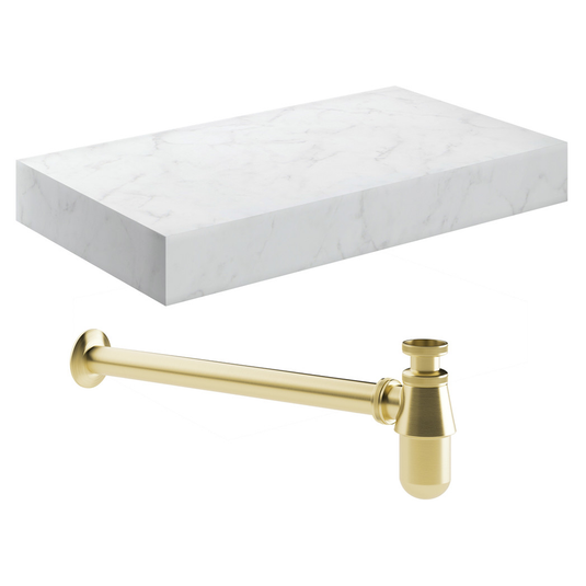Ruby Smokey 800mm Wall Hung White Marble Basin Shelf & Brushed Brass Bottle Trap - RUBY106963 - Bathroom Shack
