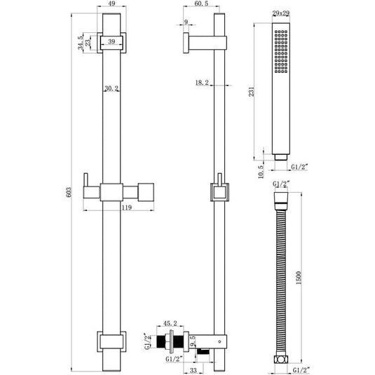 Ruby Square Premium Slider Rail Kit w/Elbow - Chrome - RUBY105855 - Bathroom Shack