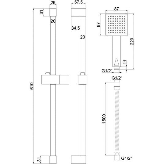 Ruby Square Slider Rail Kit & Single Mode Handset - Chrome - RUBY105857 - Bathroom Shack
