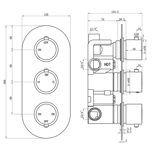 Ruby Teddy Thermostatic Three Outlet Triple Shower Valve - Chrome - RUBY105843 - Bathroom Shack