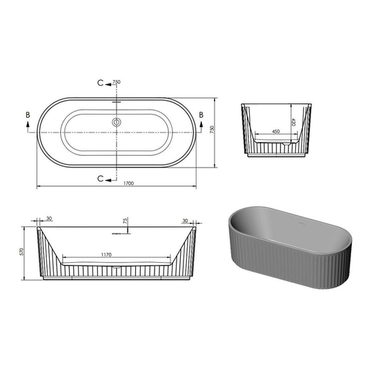 Ruby Walter Fluted Freestanding 1700x750x570mm 0TH Bath - RUBY108532 - Bathroom Shack
