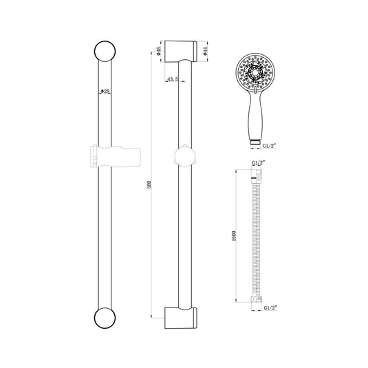 Scudo Round Slide Rail Kit With Multi-Function Handset - Chrome - RISERKIT002L - Bathroom Shack