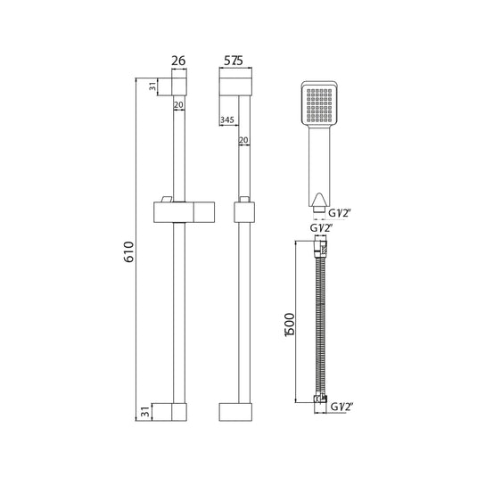 Scudo Square Slide Rail Kit With Paddle Handset - Chrome - RISERKIT001 - Bathroom Shack
