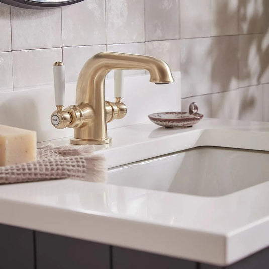 Tavistock Lansdown Twin Basin Mono Mixer Tap with Click Waste Brushed Brass - Bathroom Shack